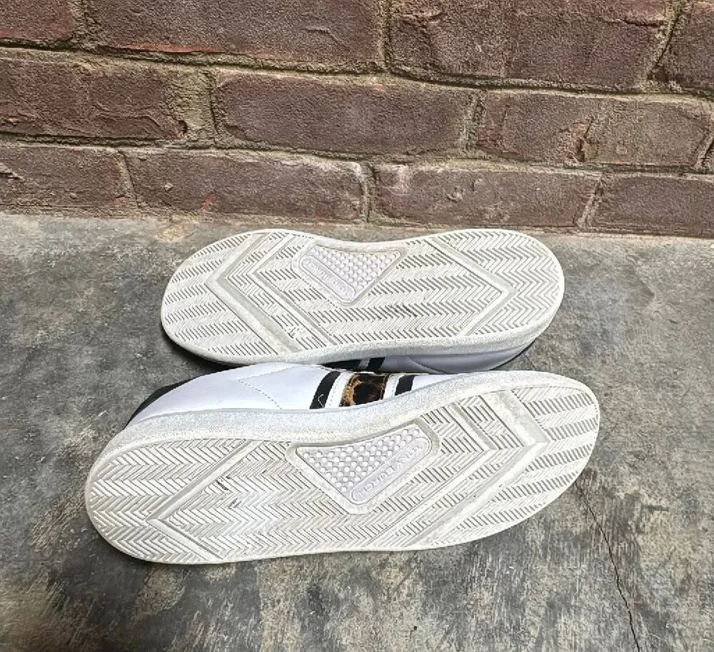 Tory Burch Howell T-Saddle Court Sneakers White Leather Leopard Fur Size 8
